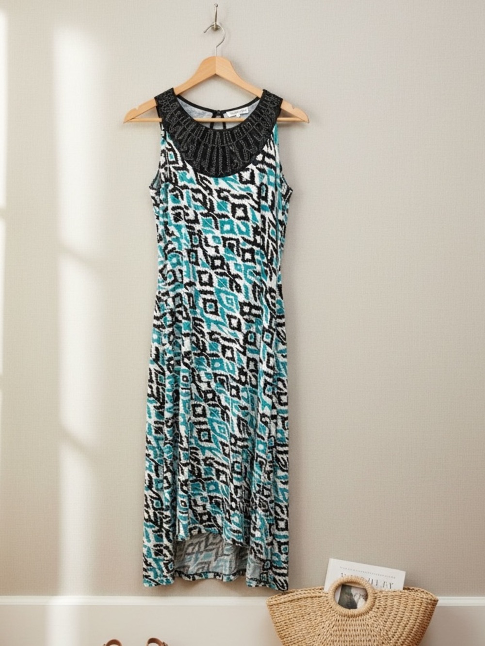 Brochure Geometric Midi Beaded Neckline Teal Black Stretchy Dress Size M